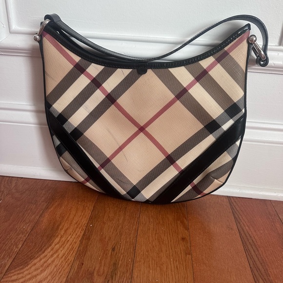 BURBERRY Large Larkin Hobo Handbag Tan SuperNova Check Black Patent - Picture 3 of 9